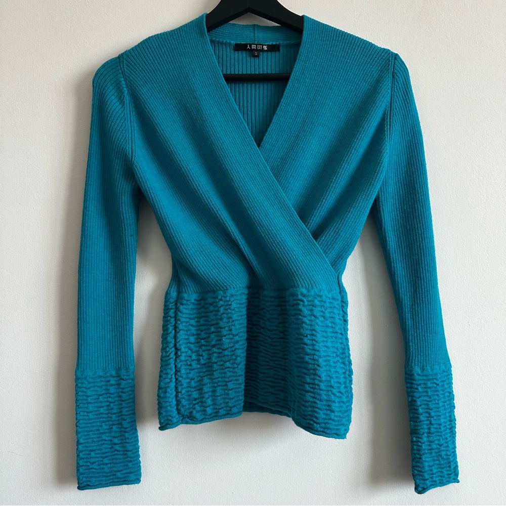 Blue Cross Wrap Fitted Waist Sweater